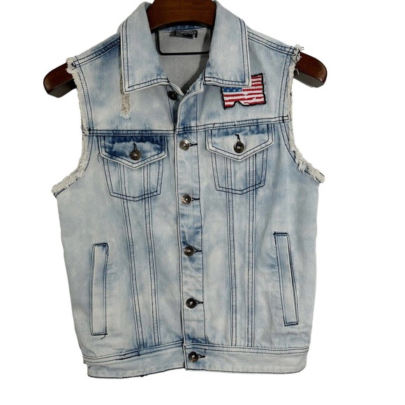 Southpole‎ Mens Jean Jacket Vest Denim American Flag Patch Distressed Blue Small - Picture 1 of 12